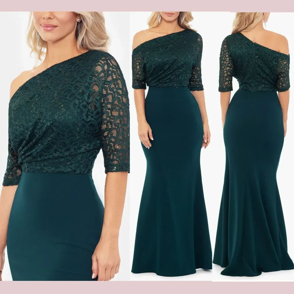 NWT $269 Betsy & Adam [ 8 ] One-Shoulder Sequin Lace Mixed Media Gown Pine Green
